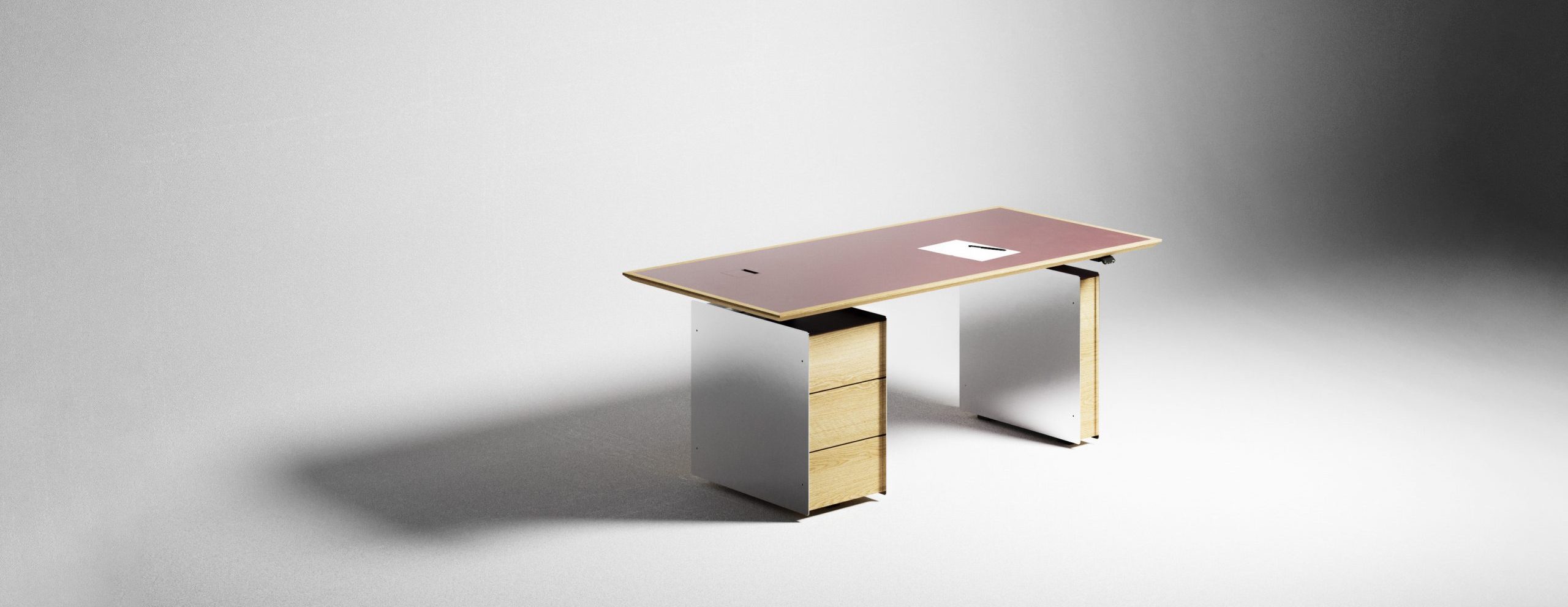 a packshot of a luxury desk in wood metal and vegan leather